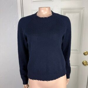 Minnierose Women's Sweater S Cashmere Pullover distressed Navy Blue Crew neck K4